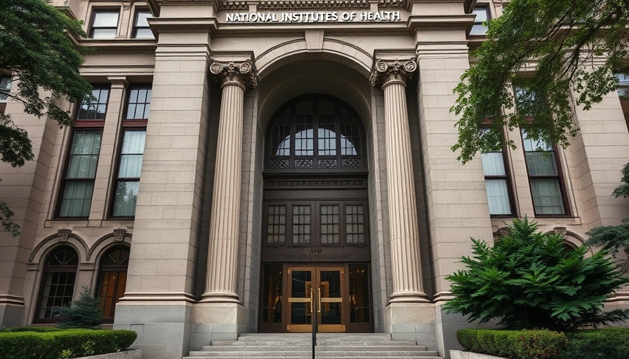 National Institutes of Health building with columns, related to HHS grant terminations.