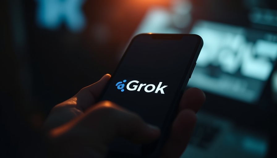 Close-up smartphone with Grok logo, highlighting tech theme.