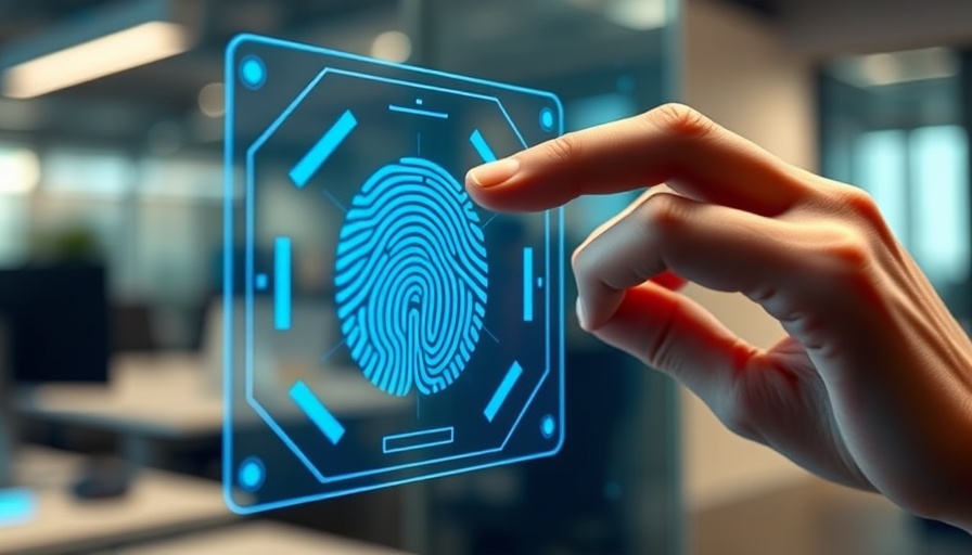 Fingerprint authentication on a futuristic screen, signifying reduced cybersecurity risk.