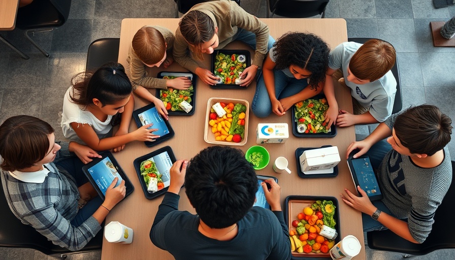 Cafeteria scene with teens using tablets and eating lunch, highlighting teen prediabetes statistics.