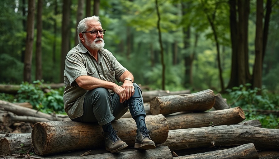 Mature man with bionic knee for amputees, sitting on logs in forest.