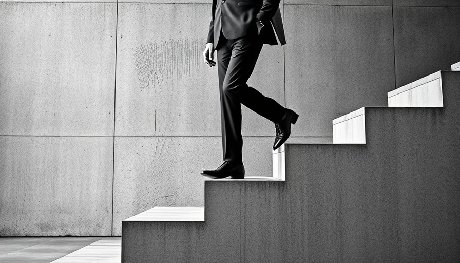 Abstract image of person stepping down stairs with growth chart background.