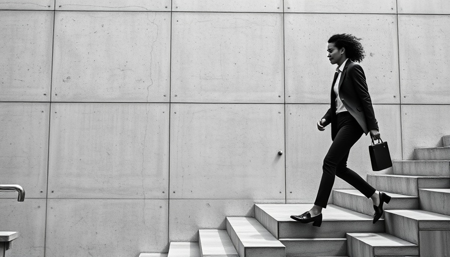 Symbolic graph staircase with person in business attire, Linda Yaccarino resignation impact on healthcare technology.