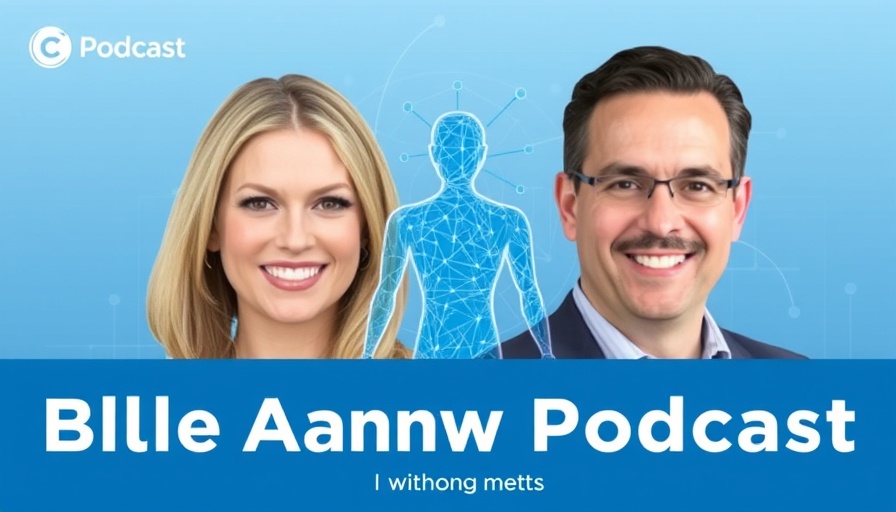Motivational podcast announcement with portraits, digital abstract human figure.