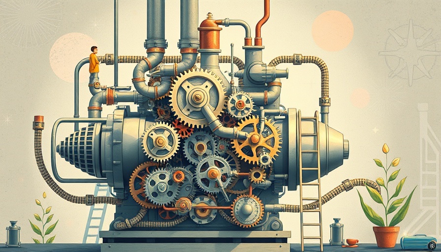 Whimsical illustration of a complex machine operated by a person on a ladder, symbolizing AI automation efficiency.