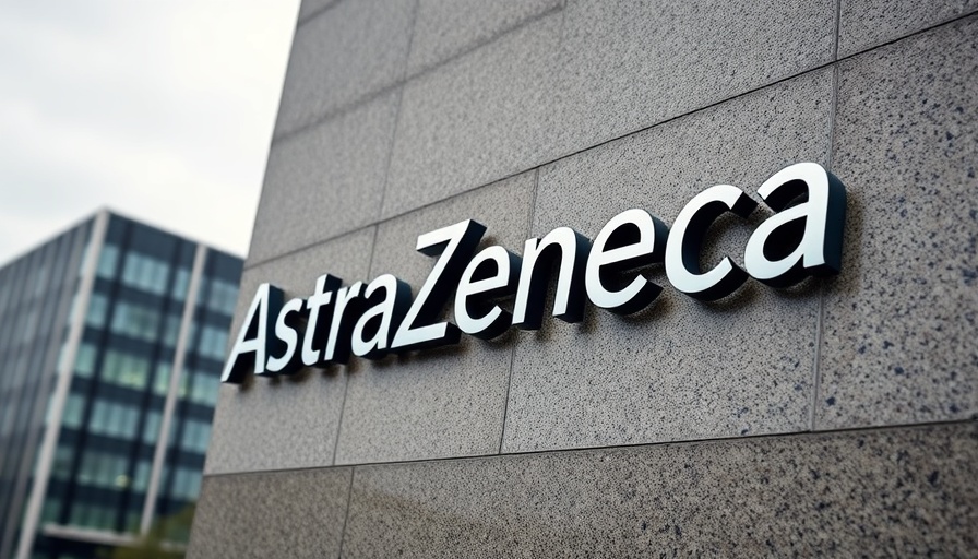AstraZeneca logo on building facade, overcast day.