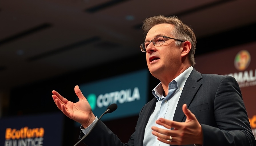 Middle-aged man speaking at a conference on stage with company logos.