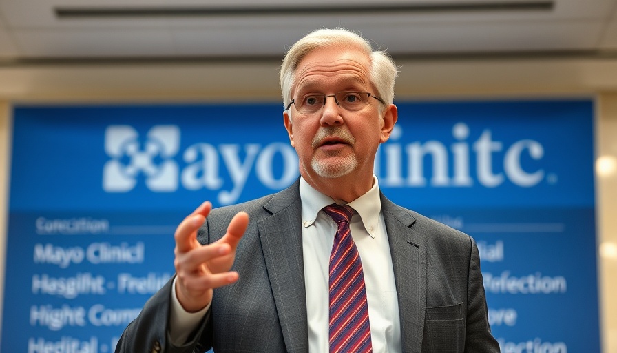 Man speaking at Mayo Clinic backdrop, vision care discussion.