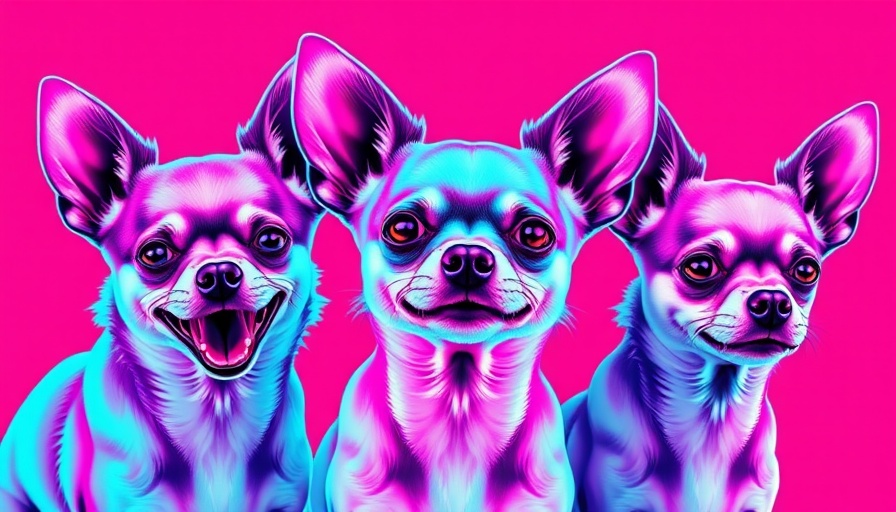Vivid neon chihuahuas displaying diverse moods against a magenta backdrop.