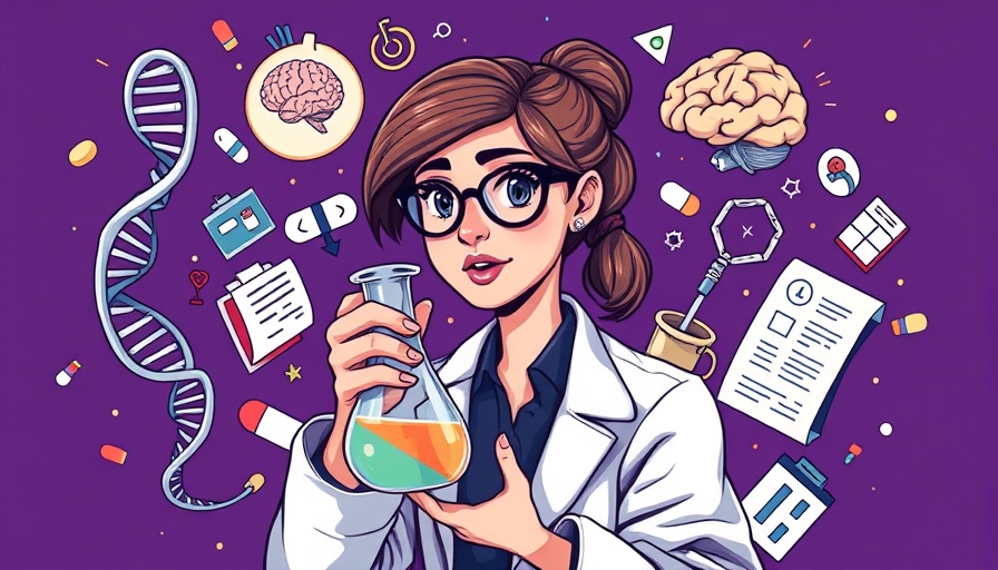 Illustrated scientist exploring mental health in abstract scene