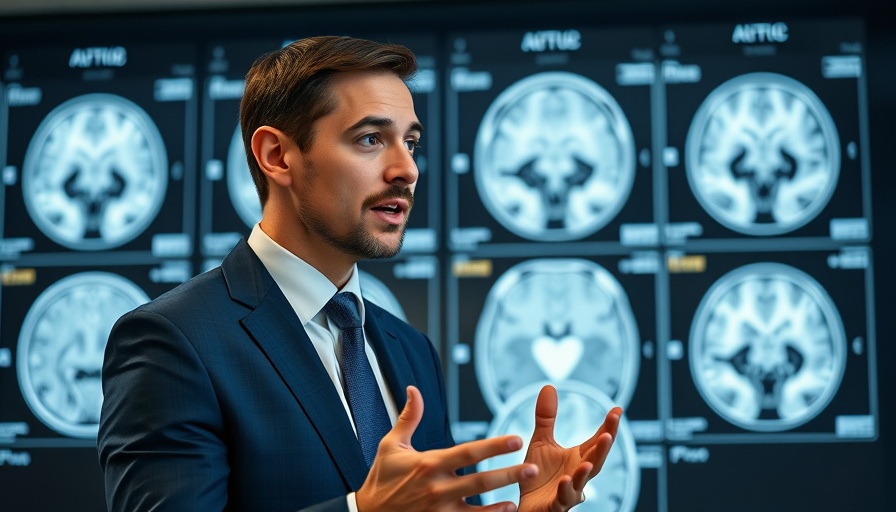 Professional discussing optic health with MRI scans in background.