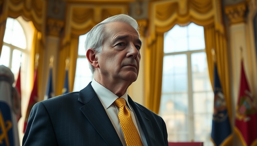 Older man in navy suit with yellow tie stands thoughtfully in ornate room, relating to Trump executive order grantmaking research.