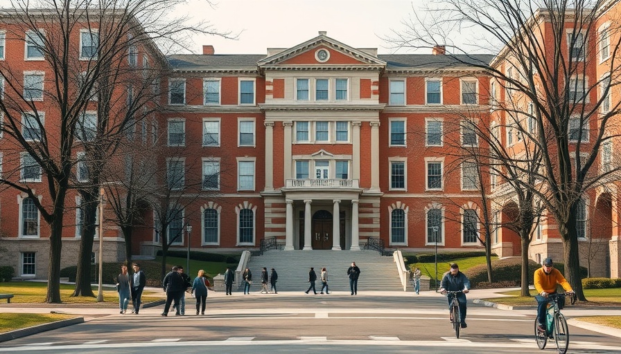 Historic building at Harvard, cyclists and pedestrians passing by, involved in federally funded research patents investigation.