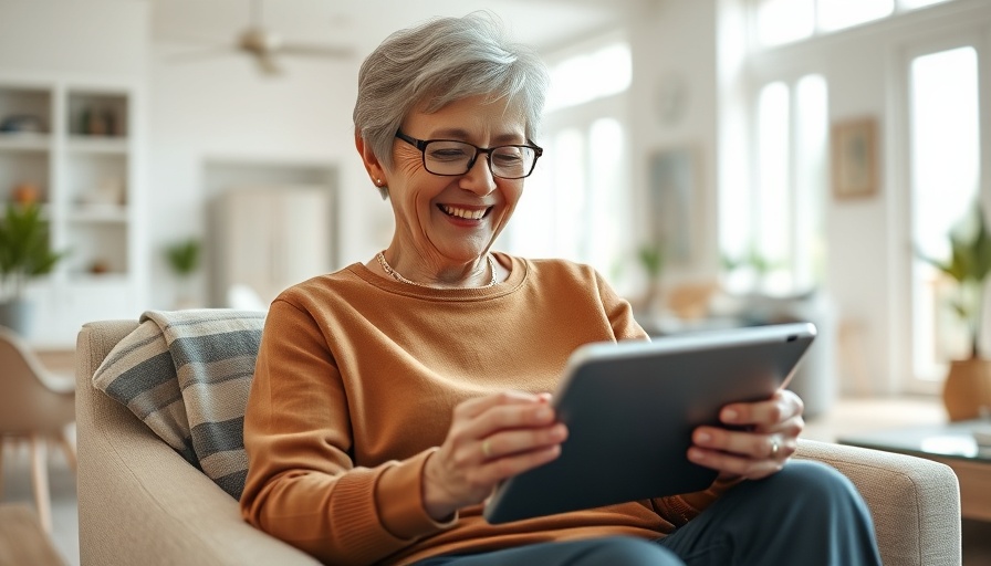 Smiling senior woman using tablet in bright living room, showcasing connected senior living benefits.