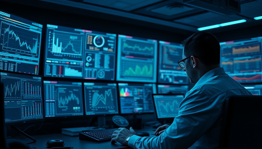 Two professionals in a high-tech security center reviewing AI healthcare data, multiple screens.
