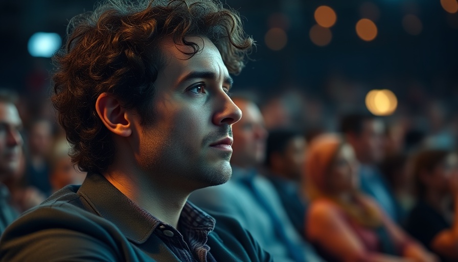 Man seated with thoughtful expression at public event.