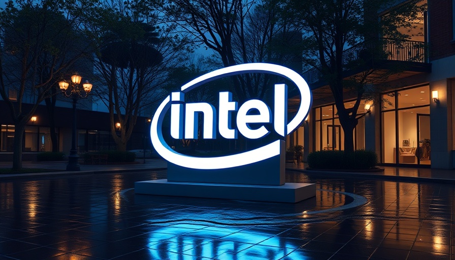 Intel logo sculpture in a reflective courtyard at dusk, highlighting Trump-Intel deal semiconductor impact.