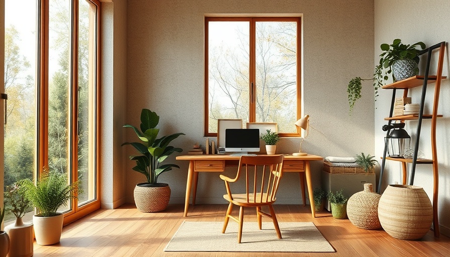 Modern sustainable home office with wooden furniture and large windows.