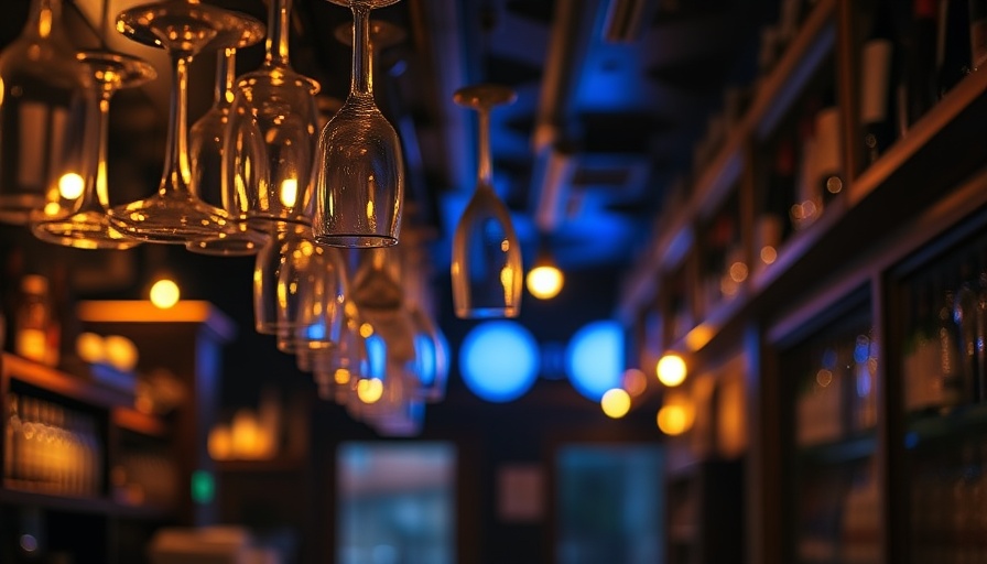 Dimly lit bar with hanging glasses and bottle display.