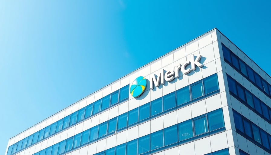 Corporate building with Merck logo under vibrant blue sky.