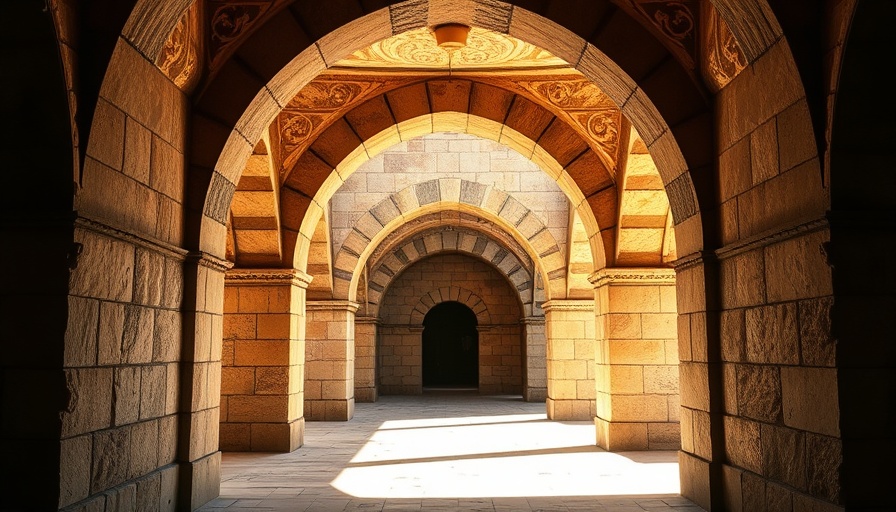 Elegant stone archway under bright sunlight, vibrant shadows.