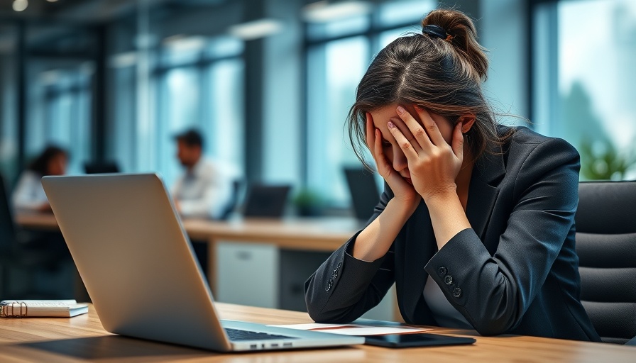 AI-generated workslop: Stressed businesswoman with head in hands at desk.