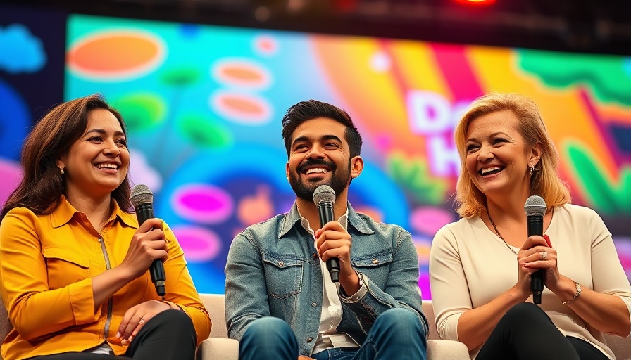 Panelists smiling during a discussion, colorful stage backdrop.