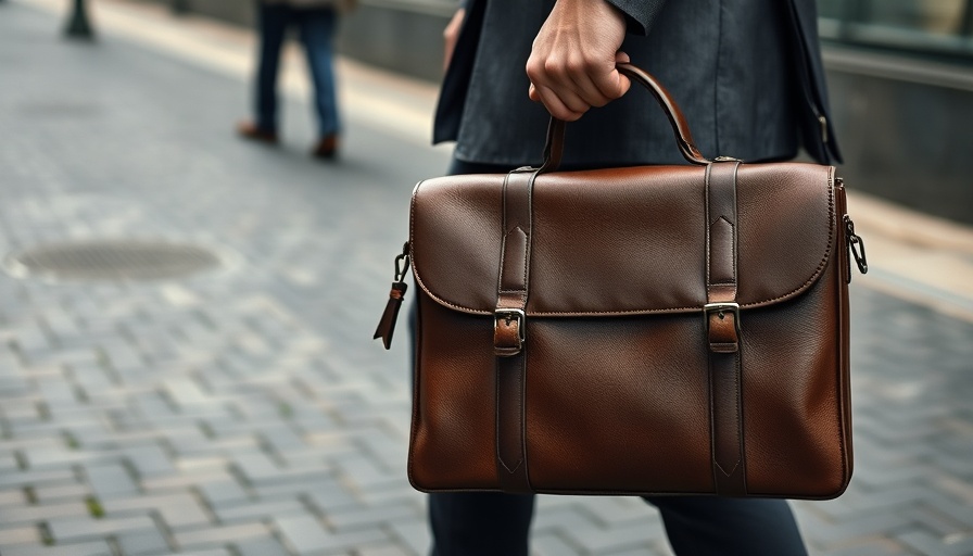 Person holding a vintage leather briefcase on city street, AI website builder for small business.
