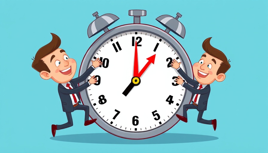 Cartoon businessmen adjusting clock representing shorter workdays productivity.