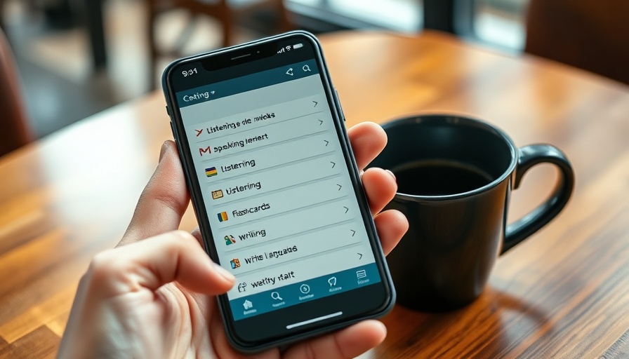 Phone displaying language app interface near coffee; Babbel lifetime subscription.