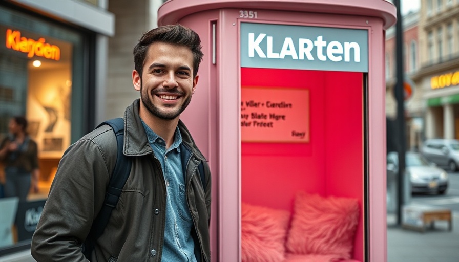 Casual man at Klarna pop-up promoting Buy Now Pay Later, pink fur seats.