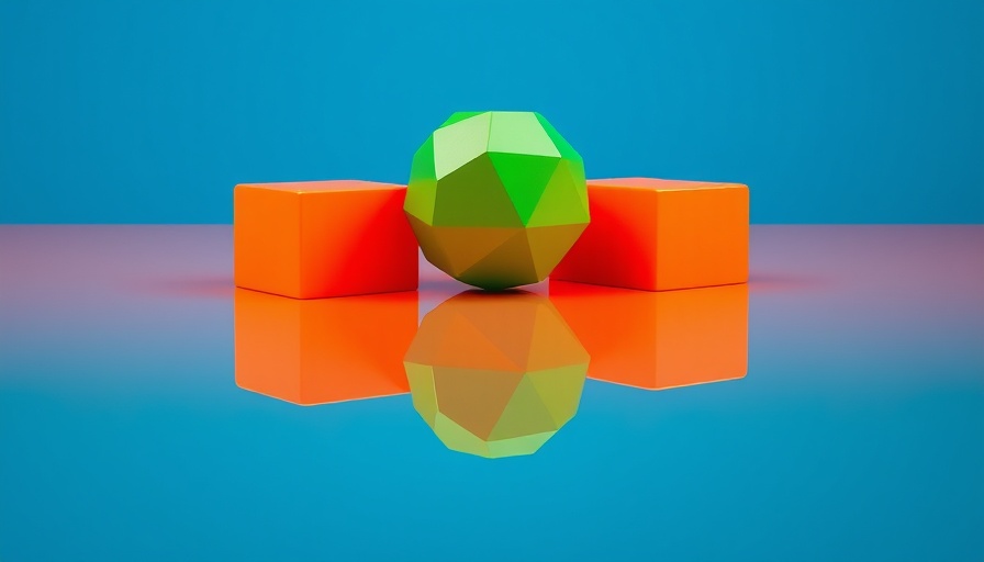 Colorful geometric shapes reflecting on orange surface.