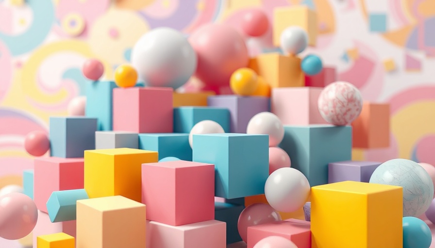 Geometric abstract artwork with colorful shapes and spheres