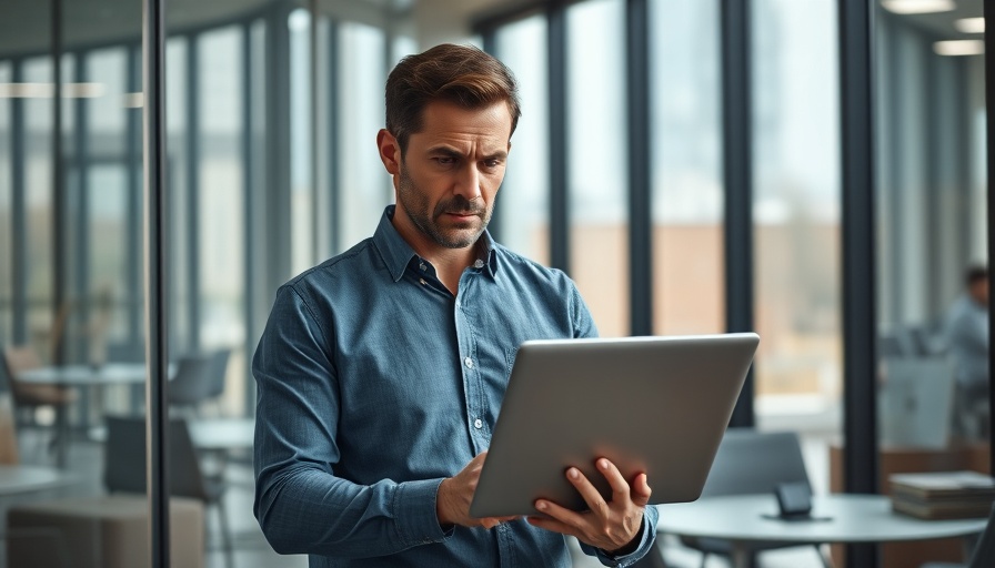 Worried man in office holding laptop, monetizing digital products early.