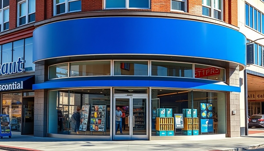 Modern discount retail store exterior with blue awning, 2025.
