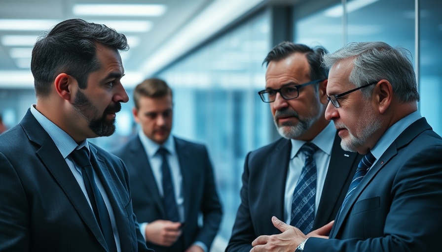 Intrigued men in suits discussing in modern office environment.