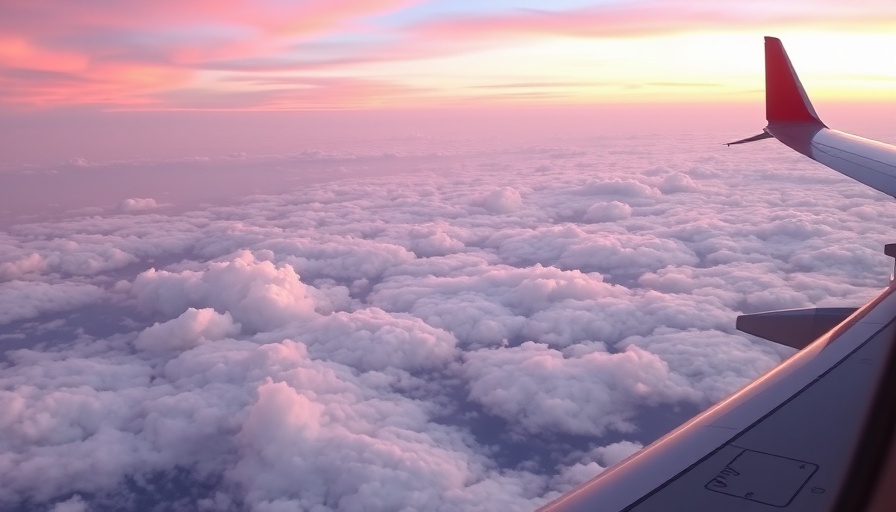 Scenic view from airplane window with wing and sunrise clouds