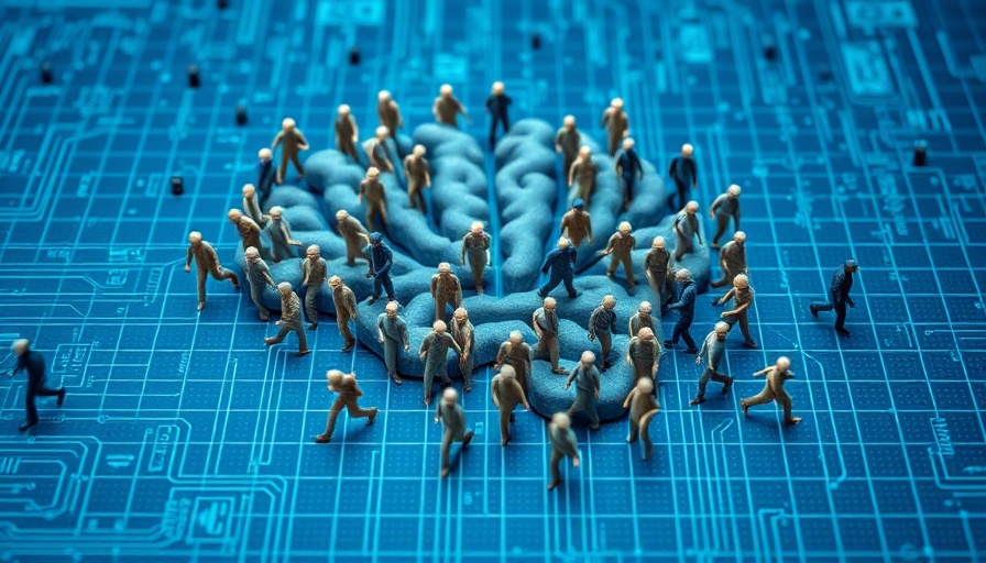 Abstract brain pattern created by walking people on a digital grid background, symbolizing AI-driven workforce transformation.