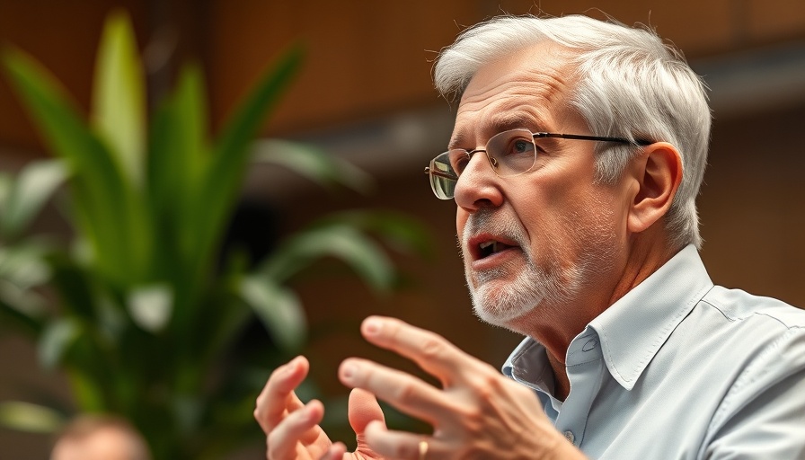 Older man passionately speaking on stage, surrounded by greenery.