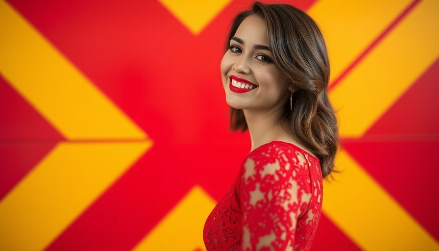Woman in red lace dress smiling at event, vibrant background.