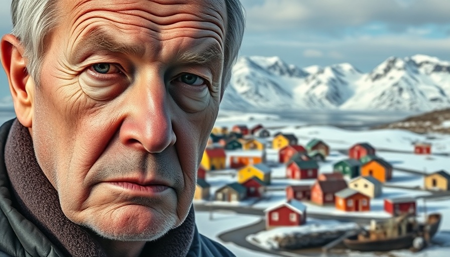 Trump interest in Greenland depicted with a composite image of a serious man and Greenlandic landscape.