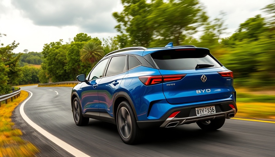 Dynamic blue BYD SUV on a road in lush landscape.