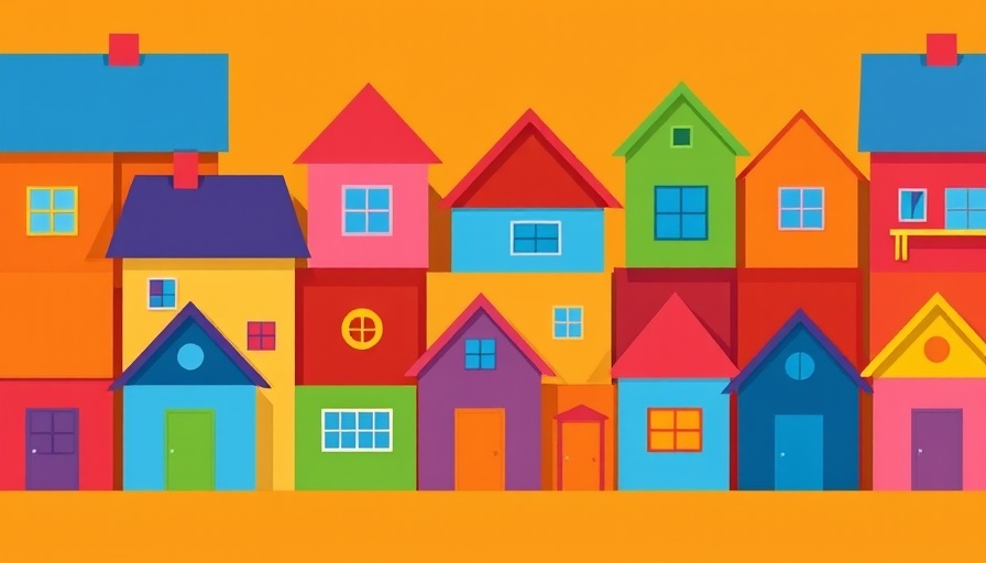 Colorful geometric houses on orange background, smarter construction for wildfire resilience concept.
