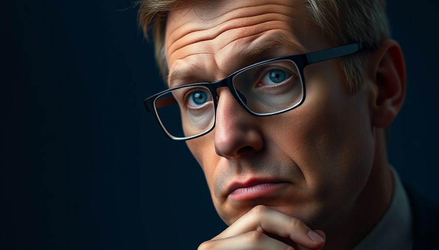 Pensive man with glasses in dark background, serious expression.