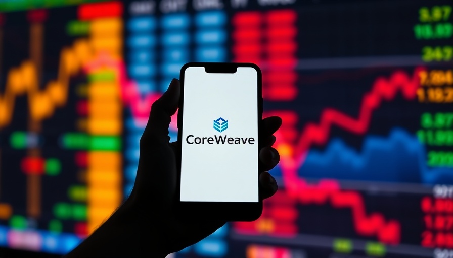 CoreWeave logo on smartphone with stock market backdrop.