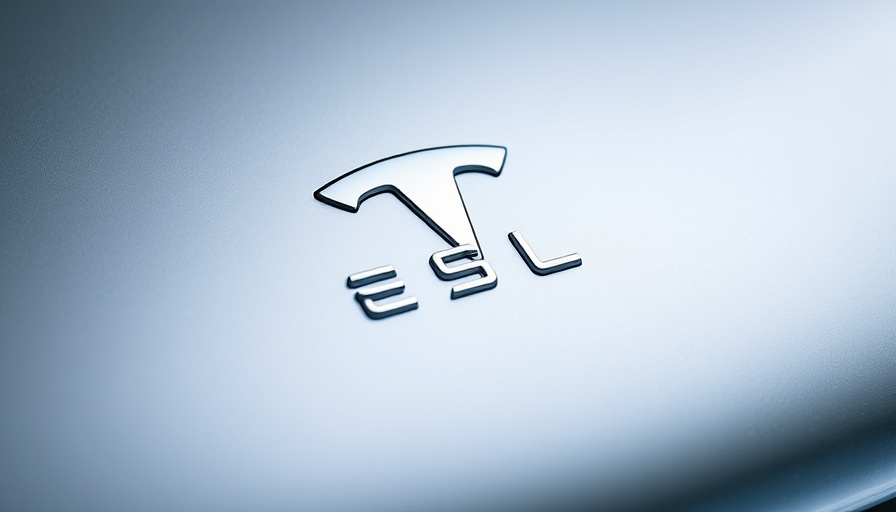 Tesla Model 3 logo on car surface, photorealistic close-up.