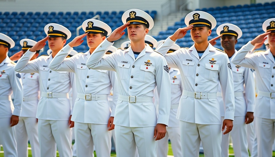 U.S. Naval Academy ceremony with saluting midshipmen and officers in white uniforms.
