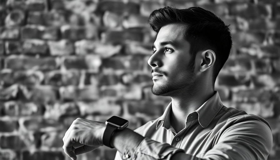 Contemplative man with smartwatch against brick wall, AI loopholes for business profits.