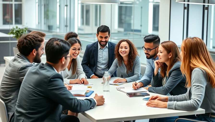 Professionals discussing brand narratives in a modern office.