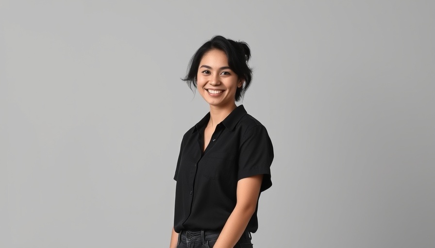 Confident woman smiling in monochrome portrait, AI parenting app.